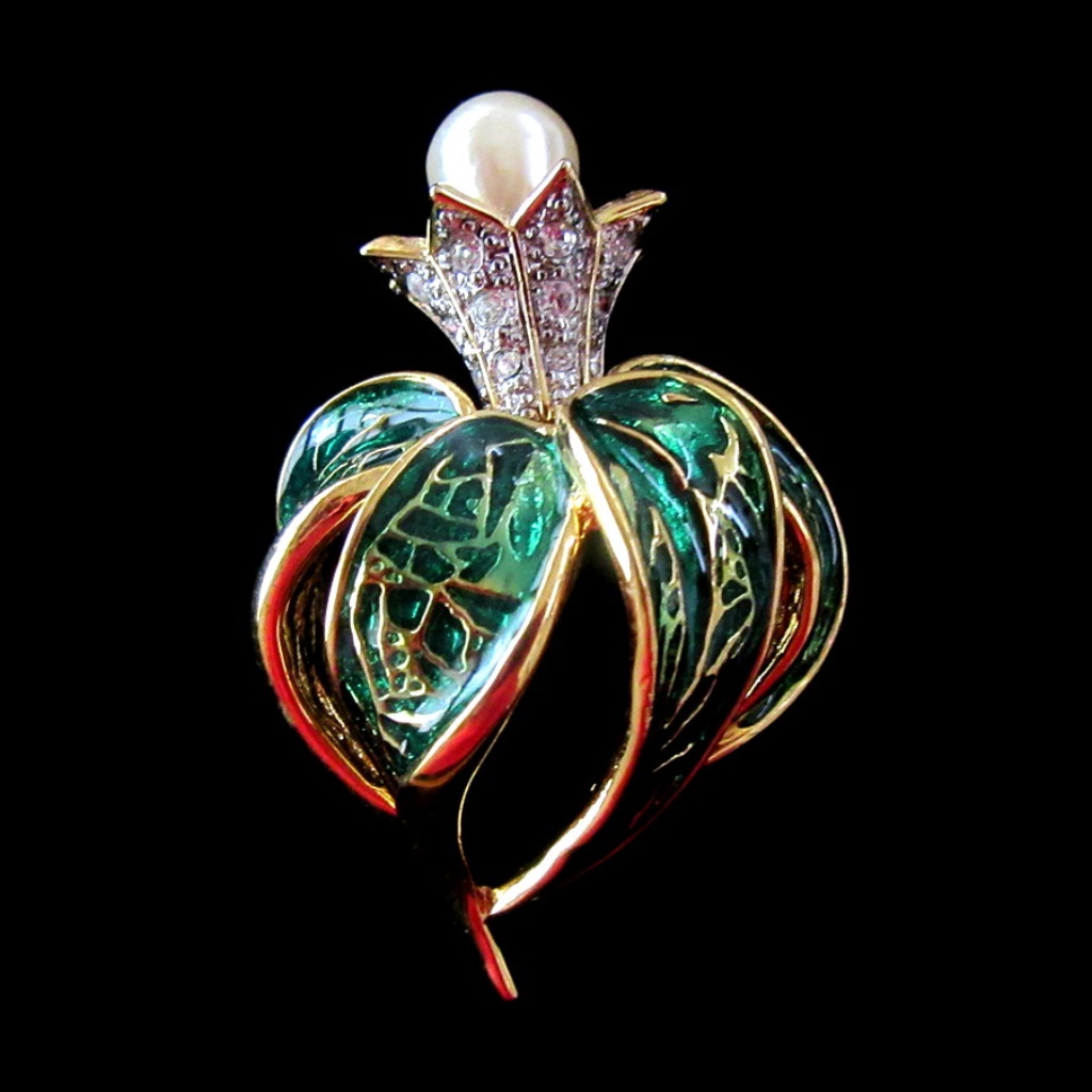 Faux Pearl Rhinestone & Green Enamel Flower Brooch